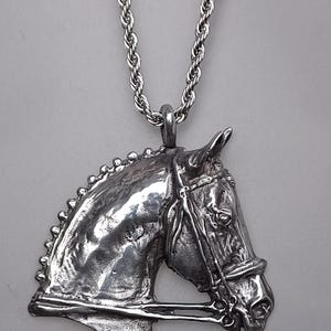 Può includere: Una collana d'argento con un ciondolo a forma di testa di cavallo. La testa del cavallo è dettagliata con una briglia e una finitura testurizzata.