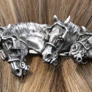 Driving horses with harness barrette  pewter hair or scarf clip. Forge Hill Sculpture Jewelry Zimmer