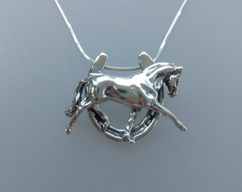 Dressage horse in horseshoe  pendant necklace sterling silver and chain horse jewelry Zimmer