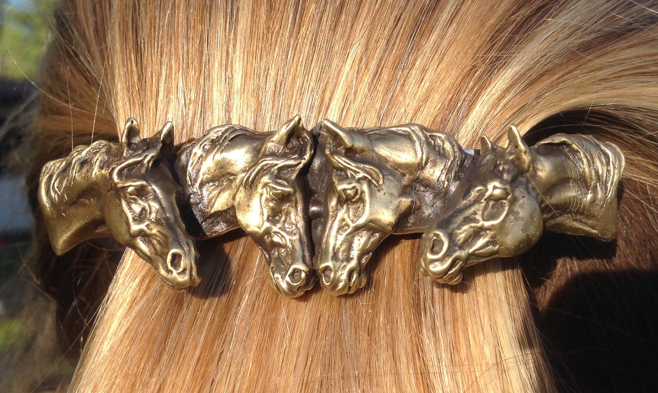 Horse Jewelry Four Horses Barrette NEW Antique Brass Finish 