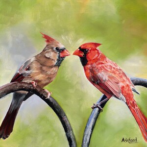 カーディナルの求愛、鳥のアート、野生動物の絵画、動物のアート、バードウォッチャー、カーディナルのプリント