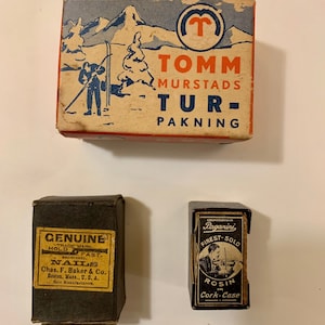 Lot de 3 boîtes publicitaires vintage/ Petites boîtes décoratives/ Colophane en liège /Ongles/ Fart de ski de Norvège/Boston/ Tchécoslovaquie