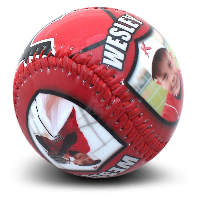 May include: A red baseball with white stitching and a photo of a young boy wearing a baseball uniform. The baseball has the name "Wesley" printed on it.