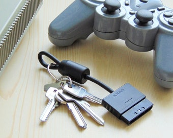 Playstation gift from classic PS controller cable cord plug keychain keyring, PS1 PS2 video game console accessory, PS gift key chain ring 2