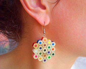 Colored pencil hexagon shaped earrings, cheerful art teacher pencil jewelry, art teacher gift, art teacher earrings, gift for art teacher