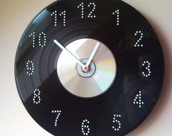 DJ wall clock from vinyl LP record and cd, dvd disc, mix of retro and modern - music lover gift, disc jockey gift, DJ gift, musician gift