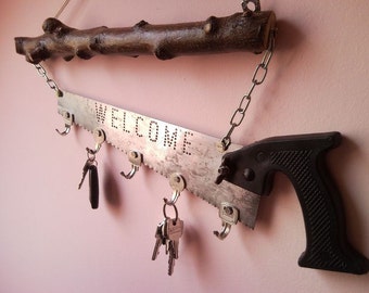 Welcome Home pad saw key holder, entryway key holder, entryway decoration, home decor, key organizer, wall decoration, husband handyman gift