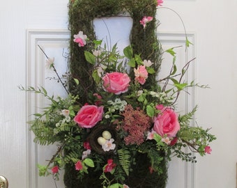 Moss Wall Basket Floral, Spring Wreath, Home Wall Decor, Front Door Wreath, Moss Garden Arrangement, Floral Arrangement, Floral Wall Hanging