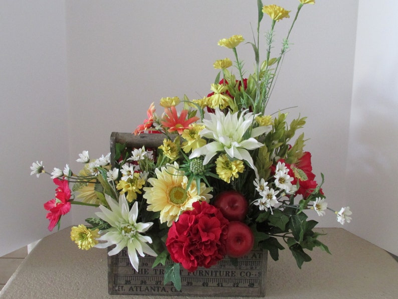 Wood Tool Box Floral Design Silk Flower Arrangement With Etsy
