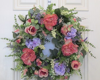 Front Door Spring Wreath, Home Decor Wreath, Spring Wreath, Summer Wreath, Mauve And Lavender Floral Wreath, Mother's Day, Housewarming Gift