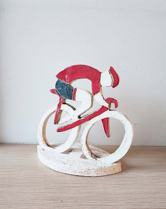 Cyclist figurine, modern cyclist sculpture, earthenware clay cyclist figure with red black clothes, racing cyclist art object