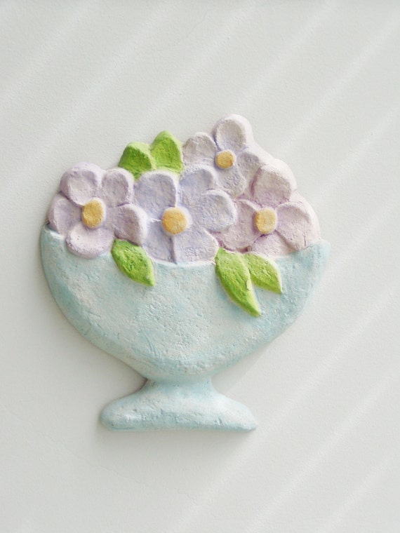 Vase with flowers wall hanging, ceramic vase with flowers in pale blue and purple, stoneware clay, rustic pottery, wall flowers boho decor