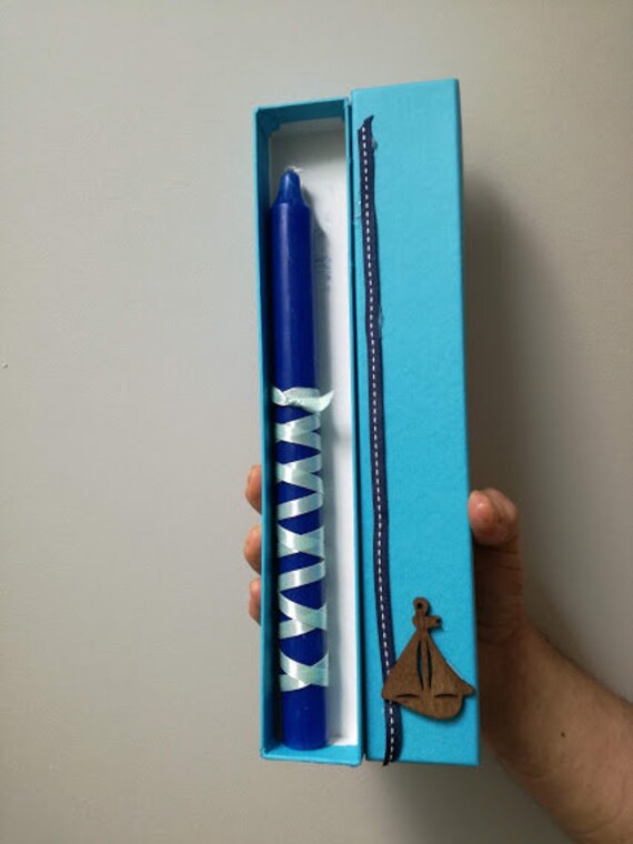 Blue Easter candle in box, turquoise Easter box with navy blue Easter candle, Greek Easter candle for teens and men with wooden boat outline