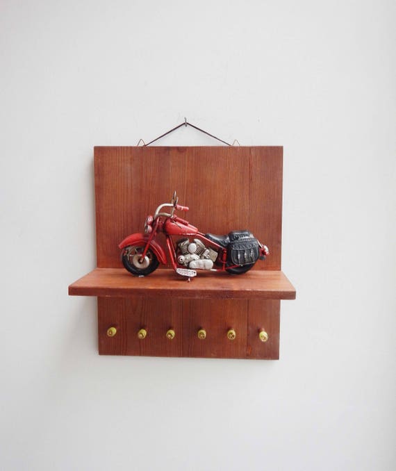 Red bike keyhanger, wall key organiser of varnish painted wood with a red, collectible motorbike miniature and 6 key hangers, mens gift