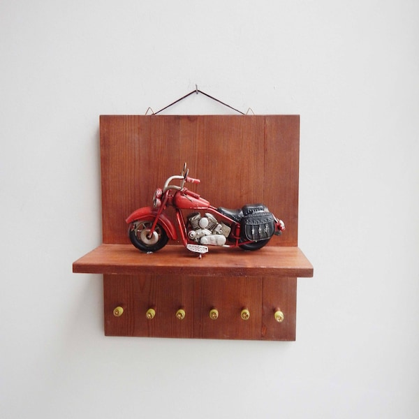 Red bike keyhanger, wall key organiser of varnish painted wood with a red, collectible motorbike miniature and 6 key hangers, mens gift