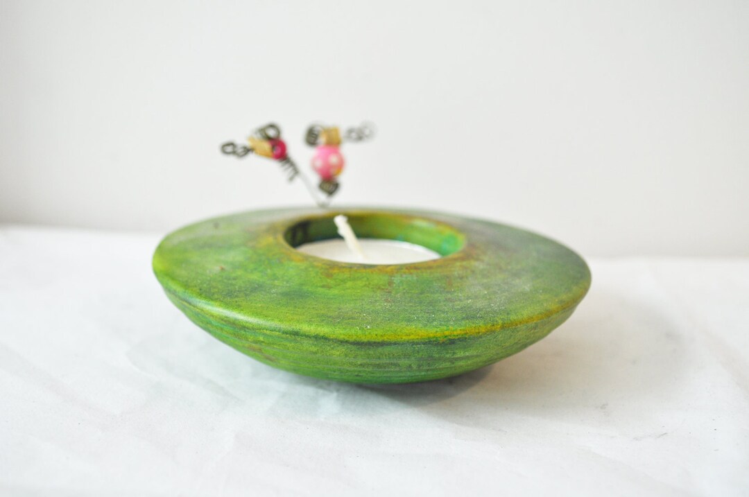 Green Tea Light Holder, Earthenware Clay, Handmade Handpainted Tea