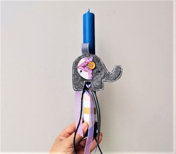 Elephant Easter candle, boys' Greek Easter candle with elephant plushie, royal blue candle with gray elephant softie