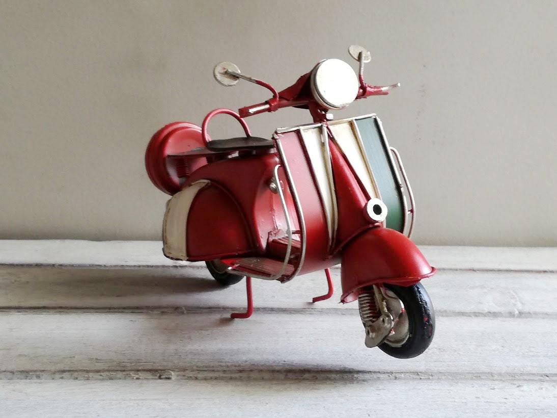 Red scooter miniature, vintage collectible, retro miniature, tin and  rubber, red scooter with Italian flag colours, Italian style scooter
