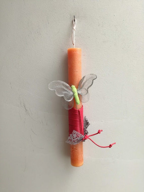 Butterfly Easter candle, orange candle with green butterfly ornament, Greek Easter candle for girls, green butterfly Greek lambada