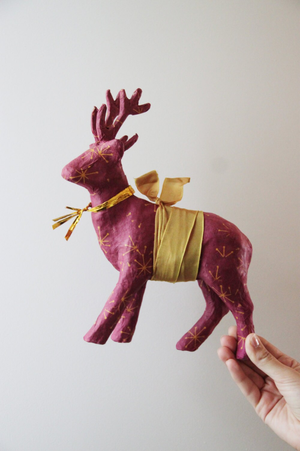 Vintage reindeer, burgundy, Christmas, paper mache reindeer, vintage