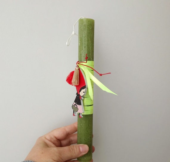 Red Riding Hood Easter candle, olive green candle with Riding Hood cutout, Greek Easter candle for girls, Red Riding Hood easter gift