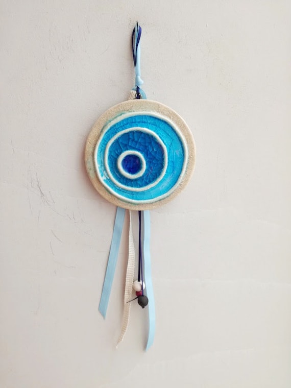 Ceramic blue eye, Greek blue eye wall hanging, Greek folk art blue eye, round blue eye art object, turquoise blye eye with cracked glaze