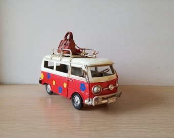 Red van miniature, hippie van in red and creamy white with painted flowers and baggage on baggage rack, collectible van miniature