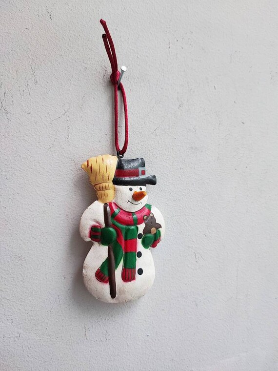 Snowman tin ornament, smiling snowman xmas tree ornament, vintage style snowman