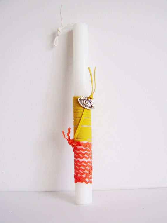 Greek Eastrer candle, short white candle with leather and fabric ribbon and eye charm, small, unisex, Easter candle for growun ups
