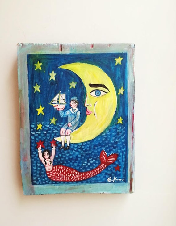 Yellow moon painting, half moon, child and mermaid folf art painting on salvaged wood, vintage folk painting, Greek folk art