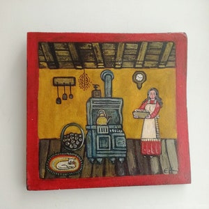 Kitchen stove painting, folk art wooden painting of rural kithcen scene, woman with rustic, kitchen stove, Greek folk art