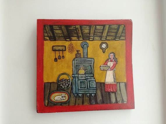 Kitchen stove painting, folk art wooden painting of rural kithcen scene, woman with rustic, kitchen stove, Greek folk art