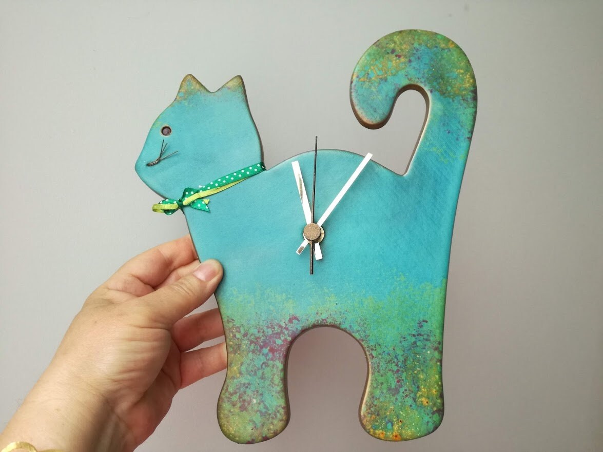 Blue Cat Wall Clock Ceramic Wall Clock of Turquoise Blue and Etsy