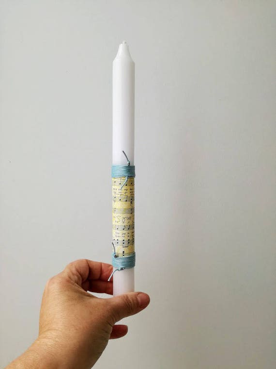 Music Easter candle, music sheet on white, Greek Easter candle, unisex, Easter candle with blue cord and music sheet, λαμπάδα μουσική