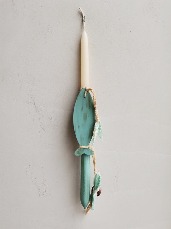 Fish Easter candle, boys Greek Easter candle with fish wooden ornament, white and blue fish Easter candle, Easter candle with fish ornament