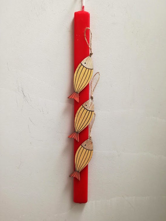 Fishies Easter candle, red Greek Easter candle with fish wooden ornaments, yellow fish Easter candle, girls Easter candle with fishies