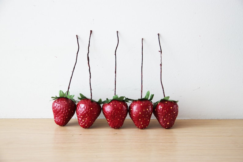 life size red and geen strawberries supplies set of ten polyester strawberries for wreaths and craft making Strawberries with wire stem