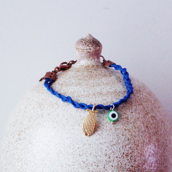 Fish and eye bracelet, blue cord boho bracelet, gypsy blue green bracelet, bohemian gold fish bracelet, frienship bracelet, teen girls gift