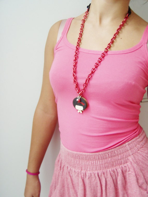 Afro hairdo necklace, red metal chain with wooden girl pendant in afro hairdo, lightweight, funky necklace with black, satin ribbon