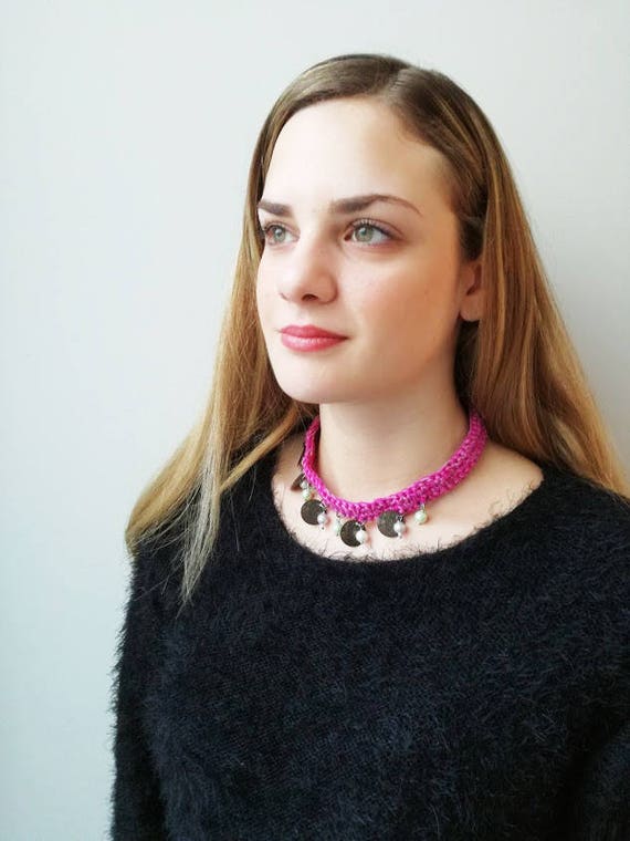 Pink crochet necklace, choker crochet necklace, magenta pink necklace with faux pearls and anitque gold coins, unique choker necklace