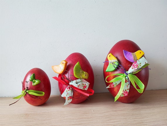Red Easter egg sculpture, ceramic Easter egg, three sizes, red egg decorated with birdies and ribbons