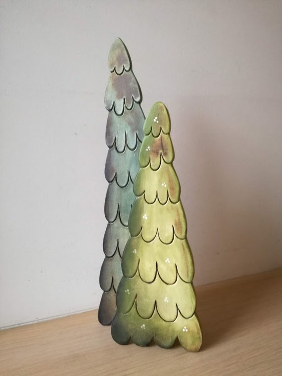 Double Chritmas tree, ceramic xmas trees connected, light green and dark green Xmas trees set, double fir tree decor set, Christmas decor