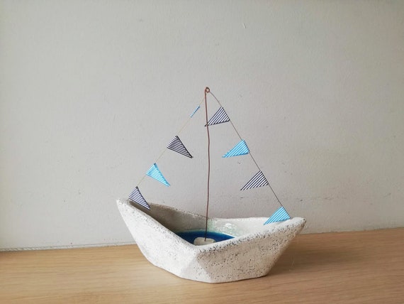 White blue boat, ceramic paperboat with blue banners and cracked blue glaze, handmade Greek boat, white blue boat favours