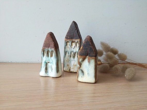 Rustic cottage miniatures, set of three, high fire stoneware clay, ceramic house miniatures, hand built, ceramic cottages, rustic decor