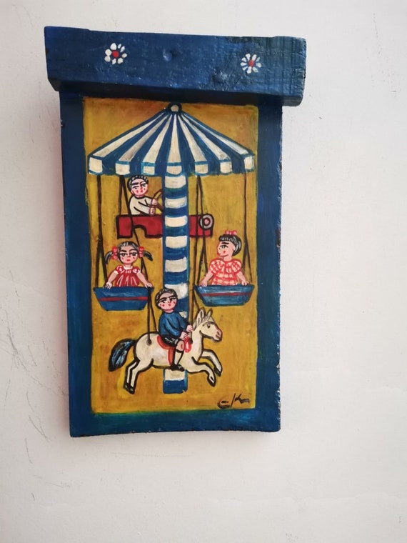 Vintage carousel folk painting, Greek folk art painting of children on a merry- go- round, retro ride, wooden painting from salvaged wood