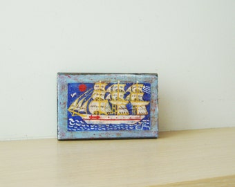 Vintage folk painting, Greek sailboat paitning, old frigate folk painting on salvaged wood, rustic folk art, Greek folk art, red blue white