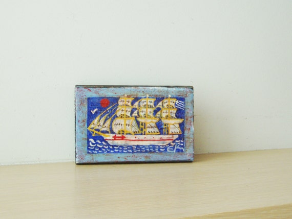 Vintage folk painting, Greek sailboat paitning, old frigate folk painting on salvaged wood, rustic folk art, Greek folk art, red blue white