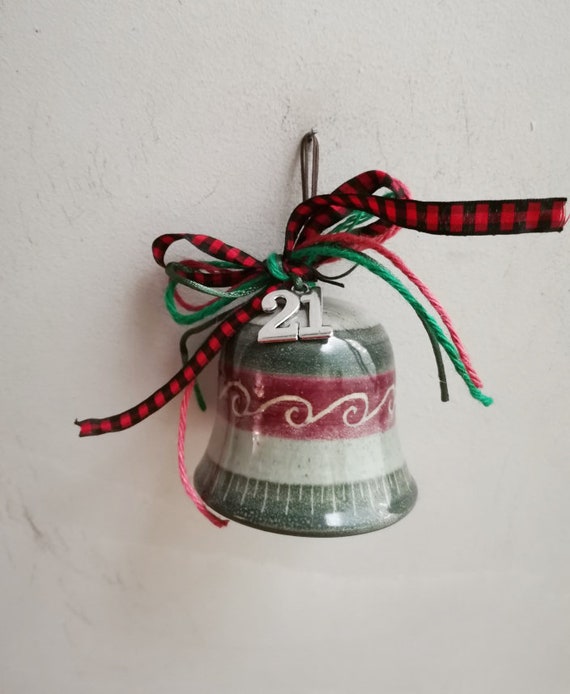 Ceramic Xmas bell in green, classic shape, Xmas bell with clapper, ribbons and New Year 21 charm, rustic Christmas bell, γουρι καμπάνα 21