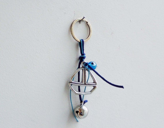 Sailboat and bell keyring, metal sailboat and bell keychain, with navy blue and turquoise cords, men's key chain, sailing buffs key chain