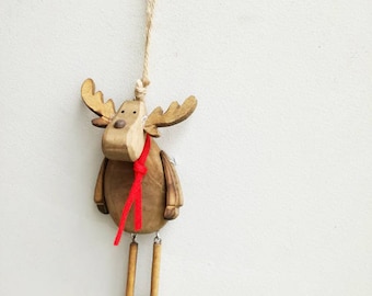 Reindeer wooden ornament, natural wood Christmas tree ornament of reindeer with movable legs, rustic treindeer xmas tree decor